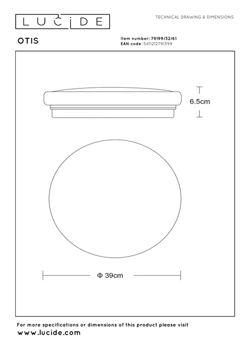 Lucide OTIS - Plafonnière - Ø 39 cm - LED - 1x32W 3000K - Opaal - technisch